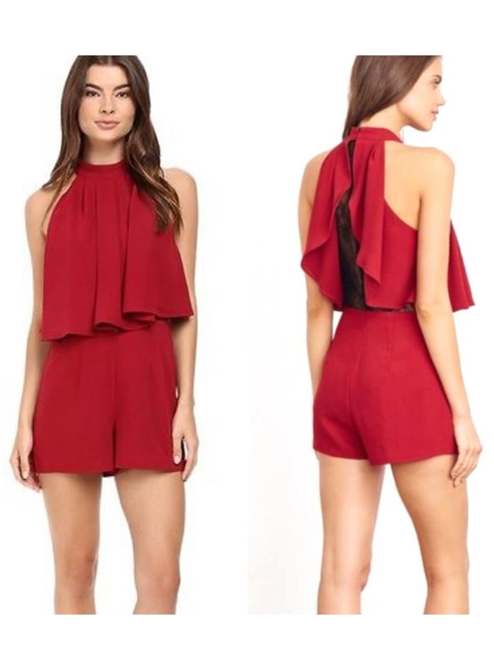 Lovers + Friends Red Halter Ruffle Romper